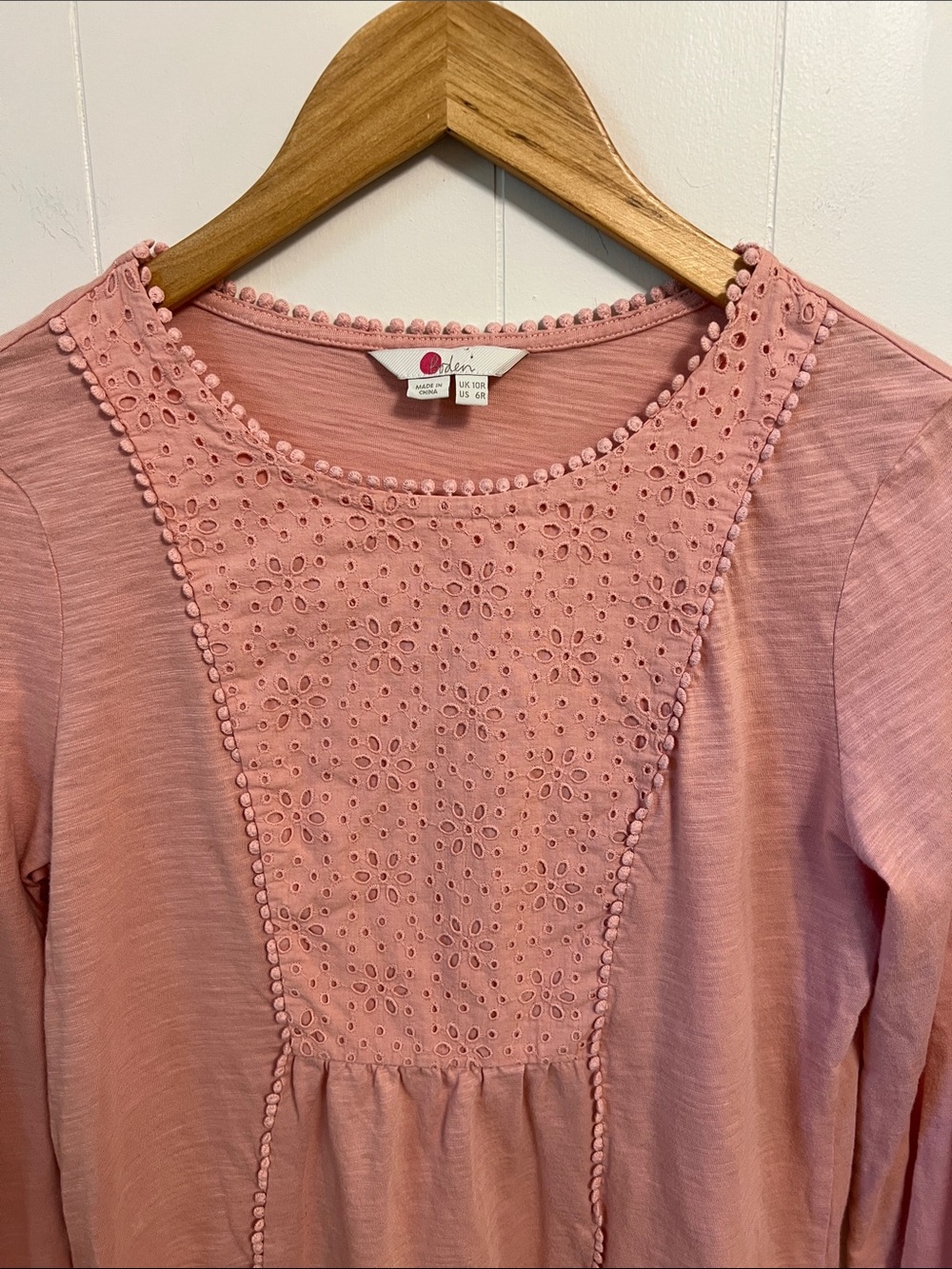Boden Cleo Broderie Slub Jersey Top Pink Eyelet Cotton Lace Long Sleeve US 6R - Picture 4 of 14